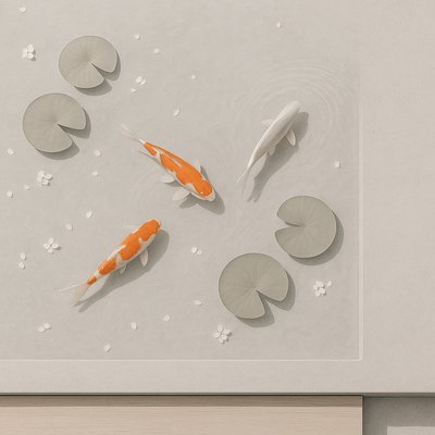 A koi pond seen from above, orange and white koi fish swimming among lily pads, clear water with subtle ripples, fallen cherry blossom petals floating on the surface, dappled sunlight