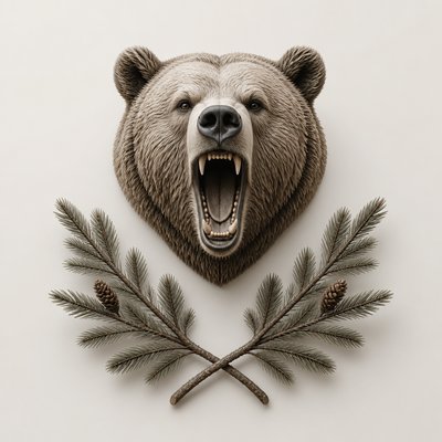 a roaring bear head above crossed pine branches, bold graphic composition on a plain background, no text