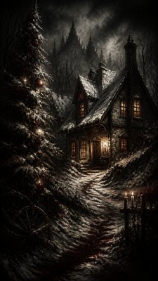 a snow-covered cottage with warm glowing windows beside a decorated pine tree, gentle snowfall, no text