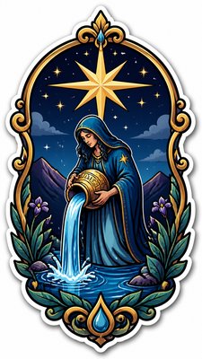 a robed figure pouring water beneath a large eight-pointed star in a night sky, symmetrical composition with an ornate decorative border, no text