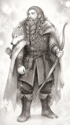 full-body original character: a dwarven ranger with a braided auburn beard, worn leather armor, a longbow and a wolf-pelt cloak, neutral background, no text