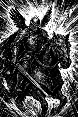 a black and white drawing of a knight on a horse