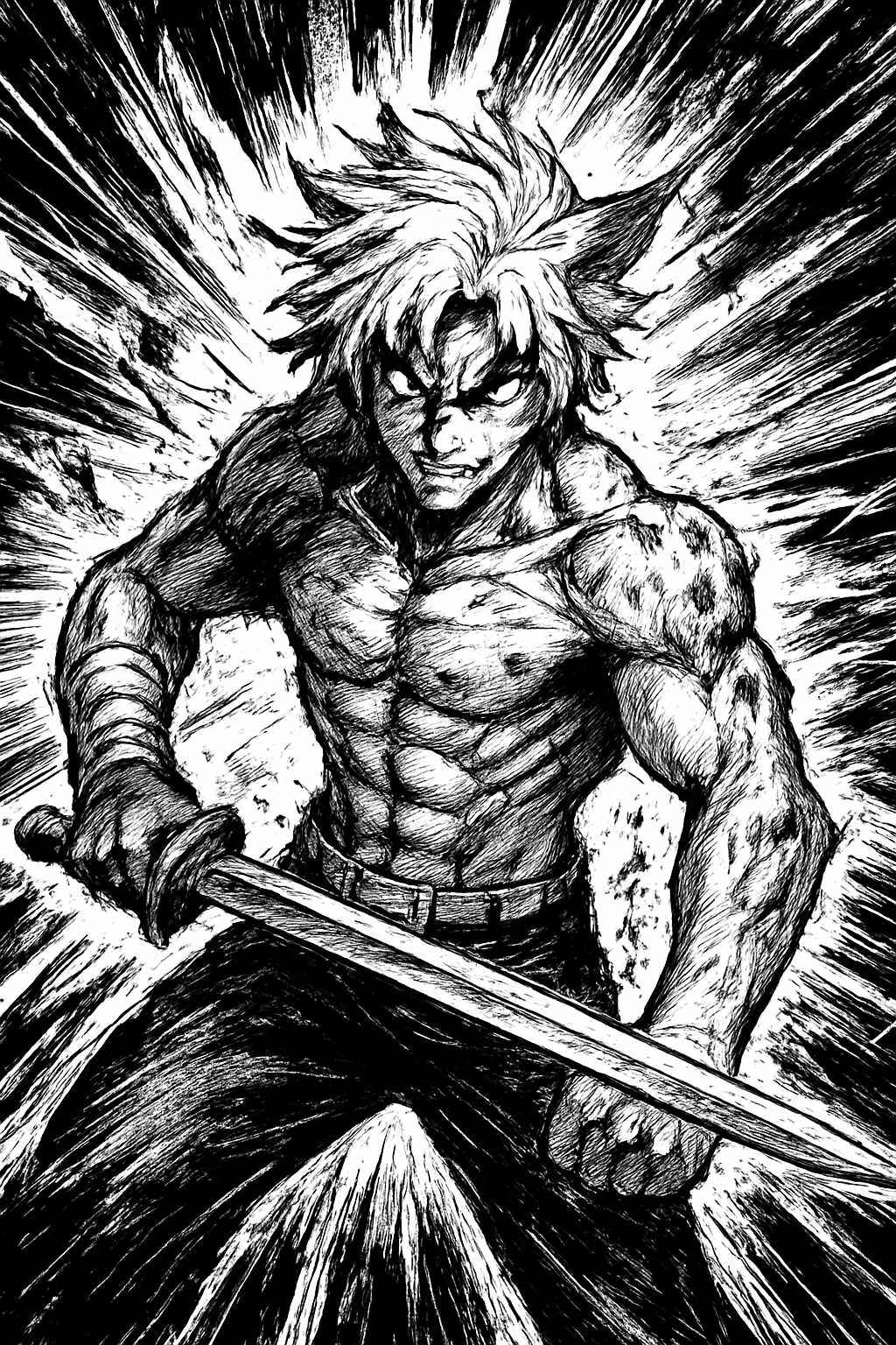 a black and white drawing of a man holding a sword