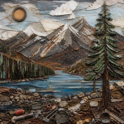 wide landscape with natural scenery — Found Object Art Style