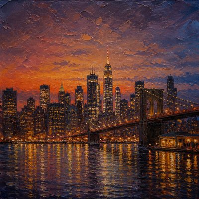 a city skyline at dusk with glowing windows