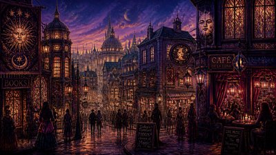 bustling city street panorama at dusk