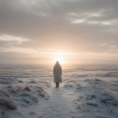 a solitary figure walking toward a glowing horizon across an empty plain, moody atmosphere, no text or lettering