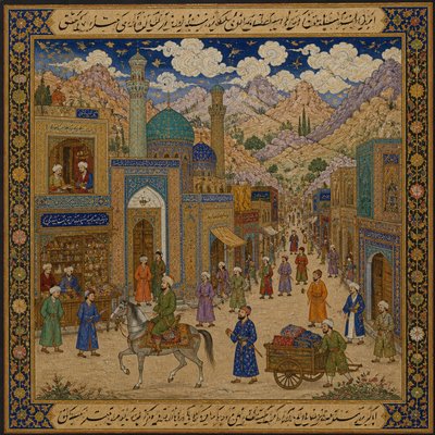 urban street with city activity — Herat Art Style