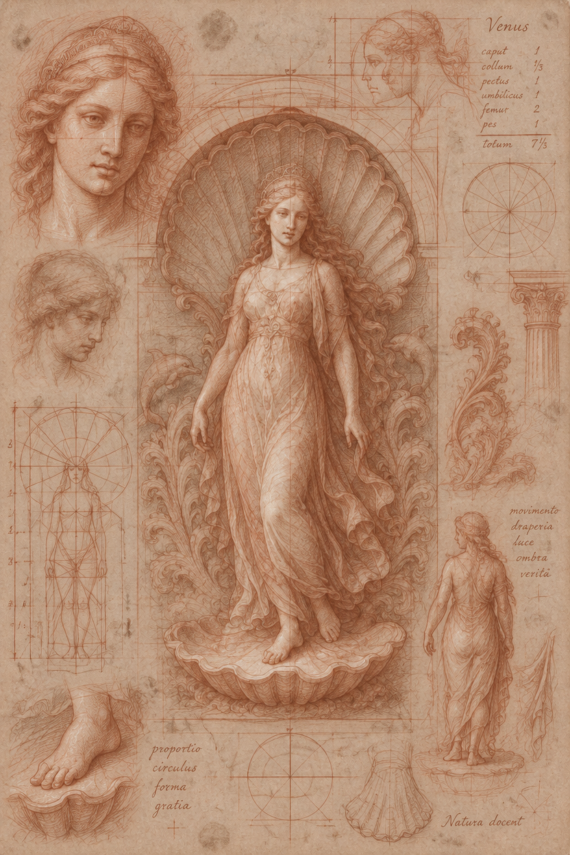 a drawing of a woman standing next to a statue