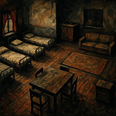 a drawing of a room with four beds and a couch