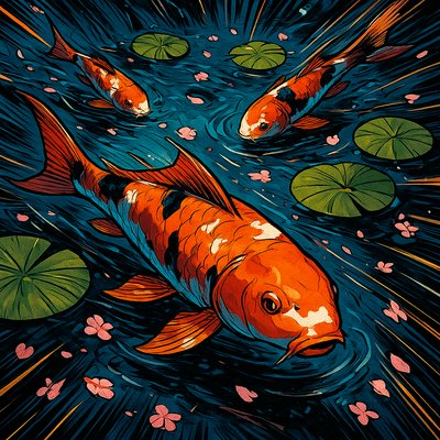 A koi pond seen from above, orange and white koi fish swimming among lily pads, clear water with subtle ripples, fallen cherry blossom petals floating on the surface, dappled sunlight