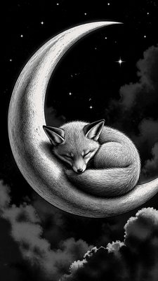 a sleeping baby fox curled on a crescent moon among soft stars, gentle and warm, no text
