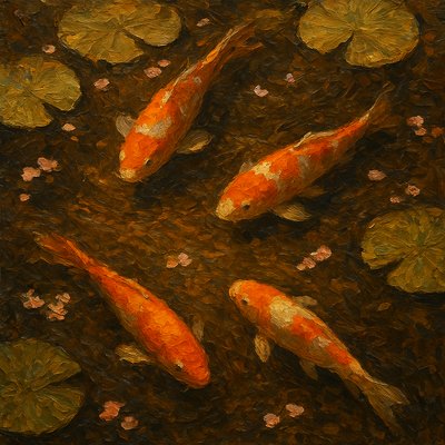 A koi pond seen from above, orange and white koi fish swimming among lily pads, clear water with subtle ripples, fallen cherry blossom petals floating on the surface, dappled sunlight