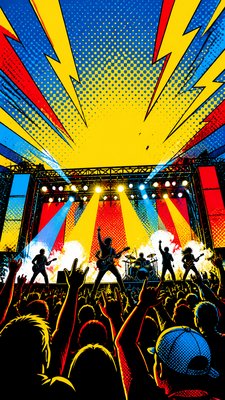 a live music scene with a glowing stage and silhouetted crowd, energetic vertical composition with open space at the top, no text
