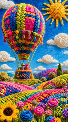 a hot air balloon drifting over rolling flower fields on a sunny day, cheerful, no text