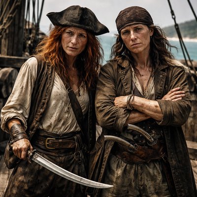 Gritty Historical Realism Style, Cinematic Film Photography, Natural Daylight. A powerful, candid medium shot of the infamous pirate duo, Anne Bonny and Mary Read, standing side-by-side on the weathered wooden deck of the sloop Revenge in the Caribbean Sea (circa 1720).

The Subjects: Both are dressed in practical, worn 18th-century male sailor's attire—loose canvas breeches, oversized linen shirts, heavy leather waistcoats, and bandanas—scruffy clothing that disguises their gender at a distance but reveals them as fiercely capable women upon closer inspection. Their faces are sun-weathered, dirty, and determined.

Specific Details: Anne Bonny (left) has fiery red hair escaping a dark bandana and a tricorn hat pushed back; she holds a drawn cutlass and has a defiant, volatile expression. Mary Read (right) looks sturdier, wearing a heavy wool coat, arms crossed over her chest with two flintlock pistols visible in her sash, looking steady and calculating.

The Setting: The background is a chaotic, working pirate ship deck with coils of tarred rope, rigging, barrels, and a cannon. Beyond the rail is the turquoise ocean and a hazy tropical coastline. The lighting is harsh, midday sun, with salt spray in the air. The mood is tense, rebellious, and authentic. Film grain texture.