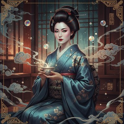 Cinematic Film Style, Traditional Japanese Ukiyo-e Influence, a regal and incredibly poised portrait of the geisha Mameha (inspired by Michelle Yeoh). She is seated in a refined, dimly lit wooden teahouse, her posture perfectly upright and elegant. She wears a heavy silk kimono in peaceful, sophisticated colors like slate blue and silver, with delicate hand-painted motifs of plum blossoms. Her face is a "mask" of white traditional makeup, featuring sharp red lips and wise, observant eyes that convey deep intelligence. She is in the middle of a ritual, perhaps holding a delicate porcelain tea bowl with perfectly choreographed hands. The lighting is soft and atmospheric, catching the shimmer of her silk and the intricate details of her high, lacquered hairstyle adorned with a single, understated silver hairpin. Focus on the feeling of quiet power, impeccable grace, and the stillness of a master artist.