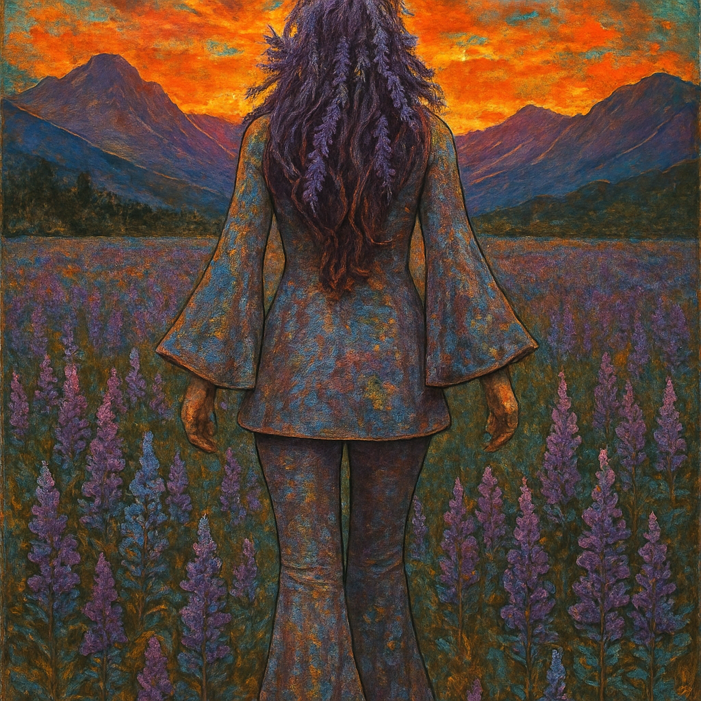 A breathtaking full-body photograph captures a woman from behind, standing in a vast, vibrant field of purple lupin flowers in Glacier National Park. Her long, rich plum purple hair is beautifully intertwined with fresh lupin blooms, forming an ethereal halo. She wears a unique 70s-inspired outfit consisting of shimmering lavender bell-bottom pants and a matching tunic-style top with bell sleeves and a square neckline, flared at the waist, adorned with subtle white horse patterns. The setting sun paints the sky in dramatic hues of fiery orange and deep red, silhouetting the majestic purple mountain ranges in the distance. The scene evokes a sense of wonder, serenity, and a deep connection to the wild beauty of nature, with a magical, almost fantastical feel, within the iconic landscape of Glacier National Park.