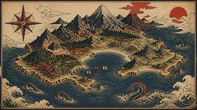 a map of an island realm with mountains, forests, a sheltered bay, sea monsters in the water and a compass rose, no text labels