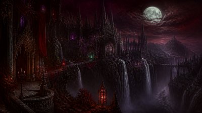 a cliffside city with waterfalls cascading into a misty canyon, wide establishing shot, no people, no text