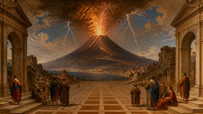 an erupting volcano with lightning strikes, dramatic wide composition, no text