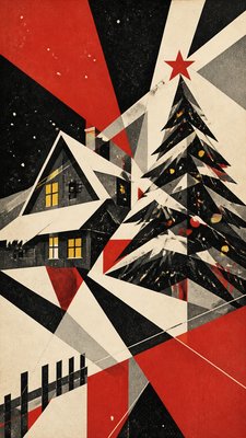 a snow-covered cottage with warm glowing windows beside a decorated pine tree, gentle snowfall, no text