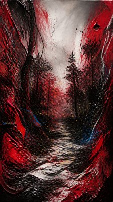 a mysterious forest path with fireflies and drifting mist, atmospheric vertical composition with open space at the top, no text
