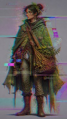 full-body original character: a wandering botanist with a satchel of plants, a patched green cloak, tall boots and round glasses, neutral background