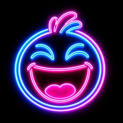 an exaggerated laughing face of an original round mascot character, bold and readable at small size, plain background, no text