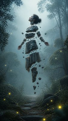a mysterious forest path with fireflies and drifting mist, atmospheric vertical composition with open space at the top, no text