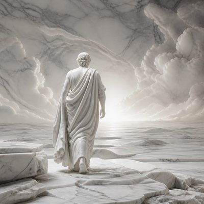 a solitary figure walking toward a glowing horizon across an empty plain, moody atmosphere, no text or lettering
