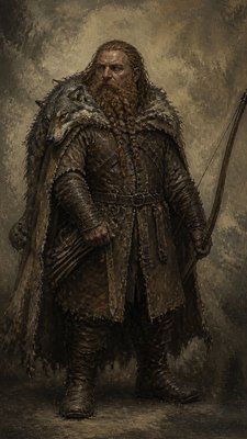 full-body original character: a dwarven ranger with a braided auburn beard, worn leather armor, a longbow and a wolf-pelt cloak, neutral background, no text