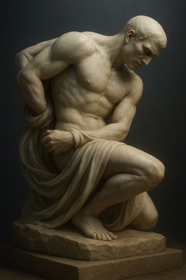 a statue of a man with his hands on his knees