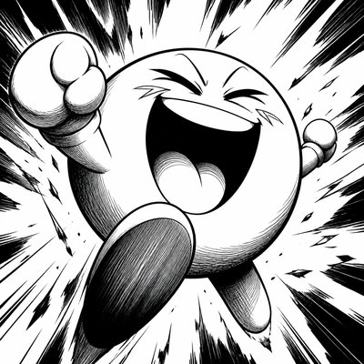 an exaggerated laughing face of an original round mascot character, bold and readable at small size, plain background, no text