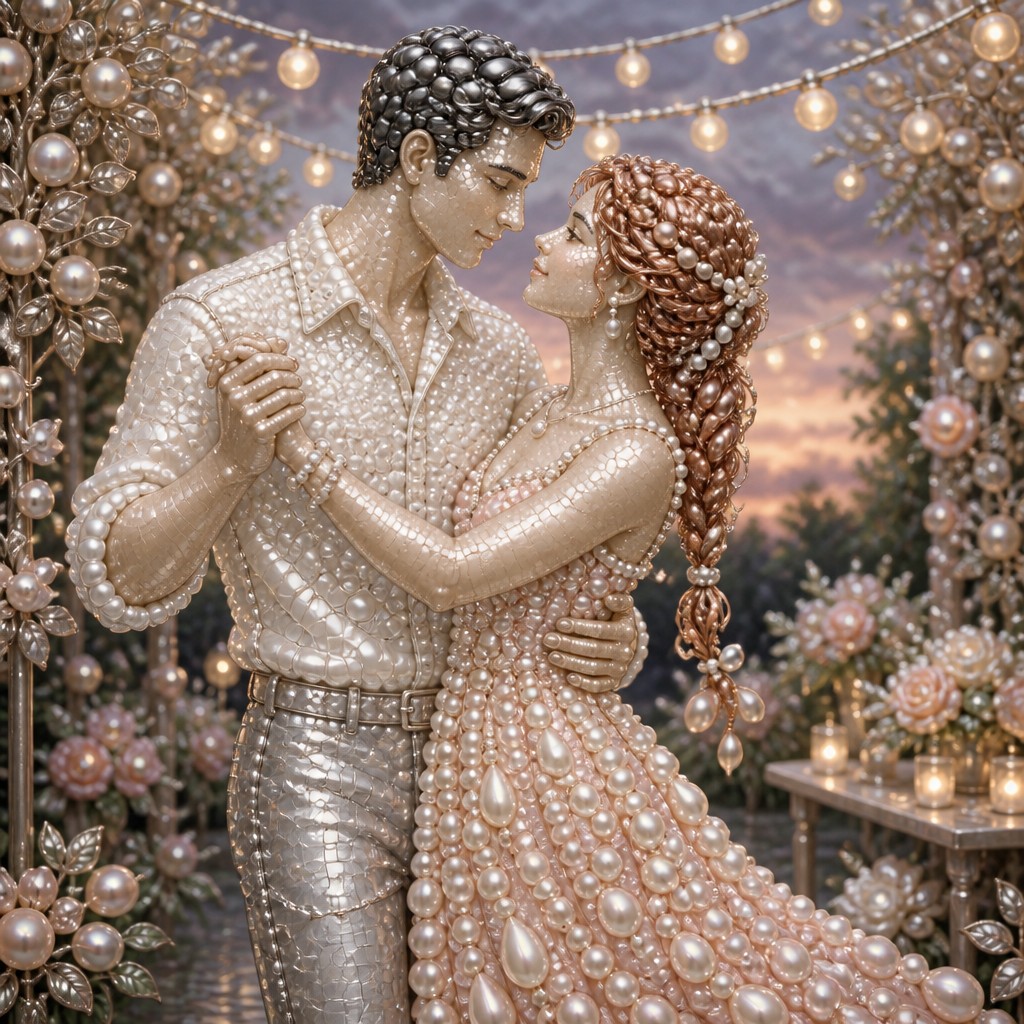 an original couple dancing under string lights in a garden at dusk: a man with short black hair in a linen shirt and a woman with braided red hair in a summer dress