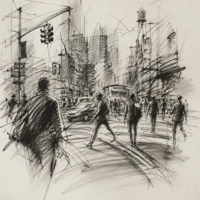 urban street with city activity — Gesture Sketch Drawing Style