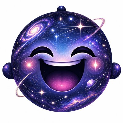 an exaggerated laughing face of an original round mascot character, bold and readable at small size, plain background, no text