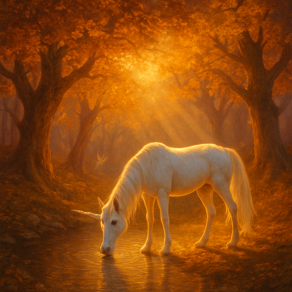 Pure white unicorn with spiraling pearl horn drinking from a crystal-clear forest pool, surrounded by ancient oaks with golden autumn leaves, soft god-rays filtering through canopy, delicate fairy figures in the distance, romantic Hildebrandt brothers style, luminous and ethereal, highly detailed fantasy oil painting, warm color palette 