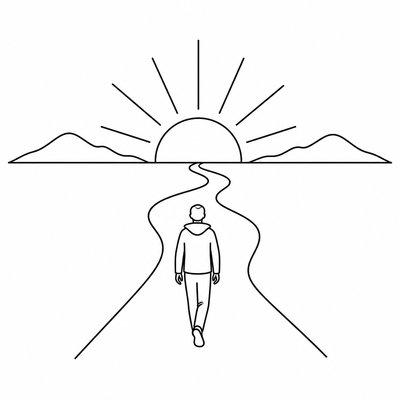 a solitary figure walking toward a glowing horizon across an empty plain, moody atmosphere, no text or lettering