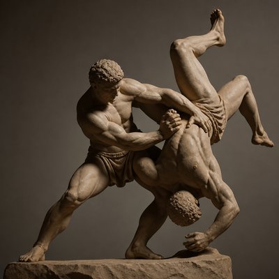 ancient greek athlete tips another athlete upside down