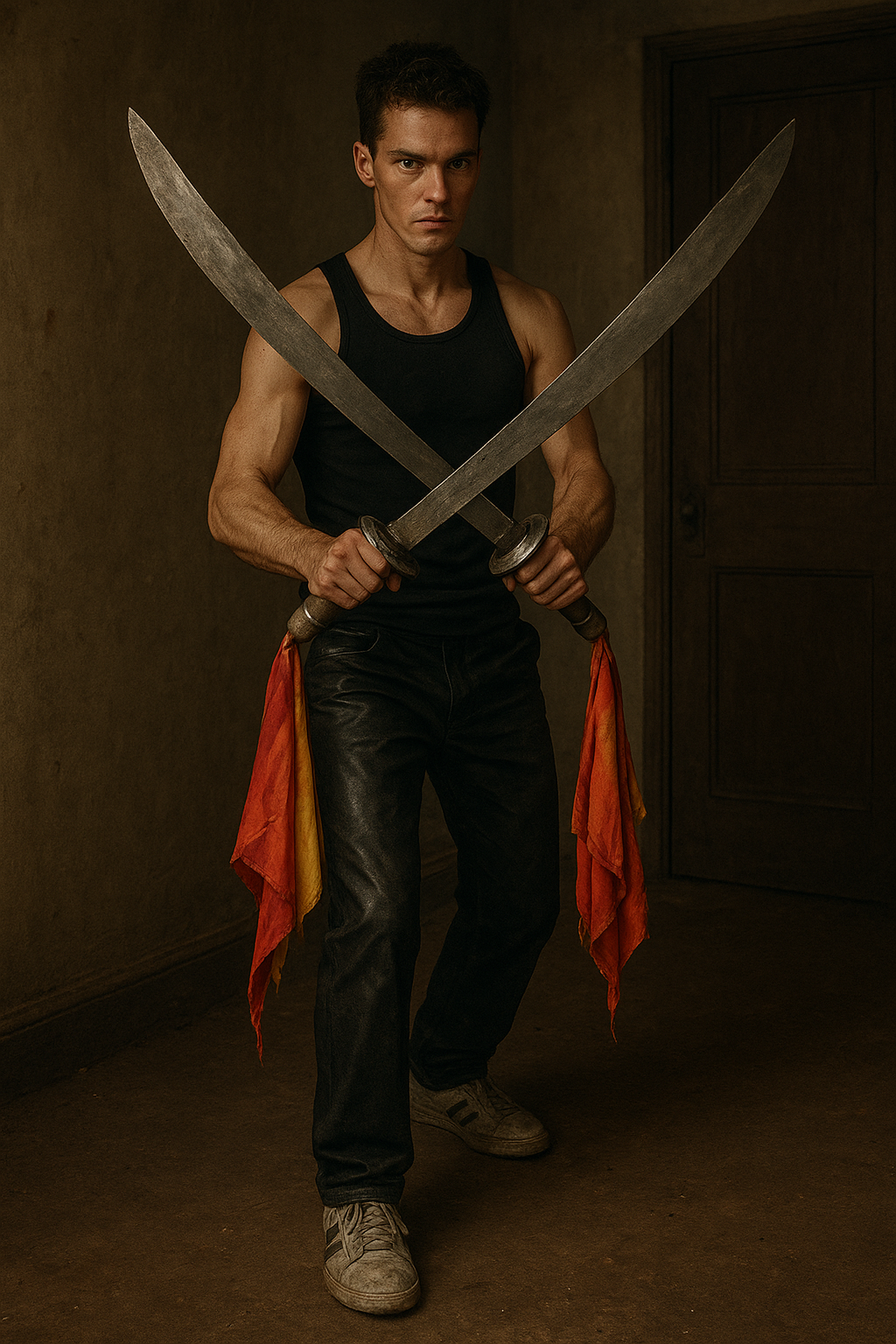 a man holding two large knives in his hands