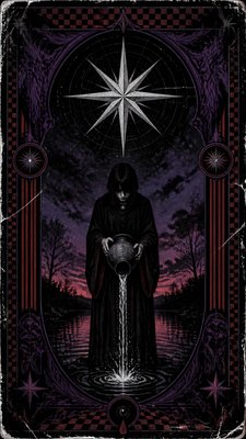 a robed figure pouring water beneath a large eight-pointed star in a night sky, symmetrical composition with an ornate decorative border, no text