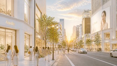bustling city street panorama at dusk
