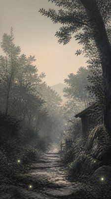 a mysterious forest path with fireflies and drifting mist, atmospheric vertical composition with open space at the top, no text