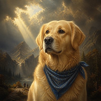 portrait of a golden retriever wearing a blue bandana, warm plain backdrop, no text