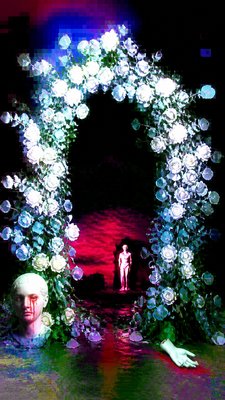 an arch of white roses and eucalyptus in soft morning light, elegant vertical composition with open space, no text