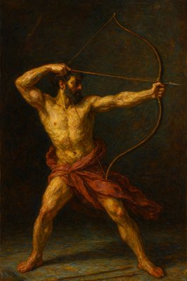 a painting of a man holding a bow and arrow