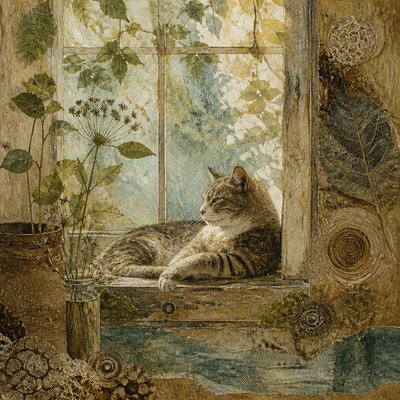a cat lounging in a sunlit window