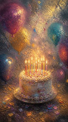 a birthday cake with lit candles surrounded by balloons and confetti, festive vertical composition, no text