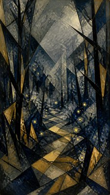 a mysterious forest path with fireflies and drifting mist, atmospheric vertical composition with open space at the top, no text